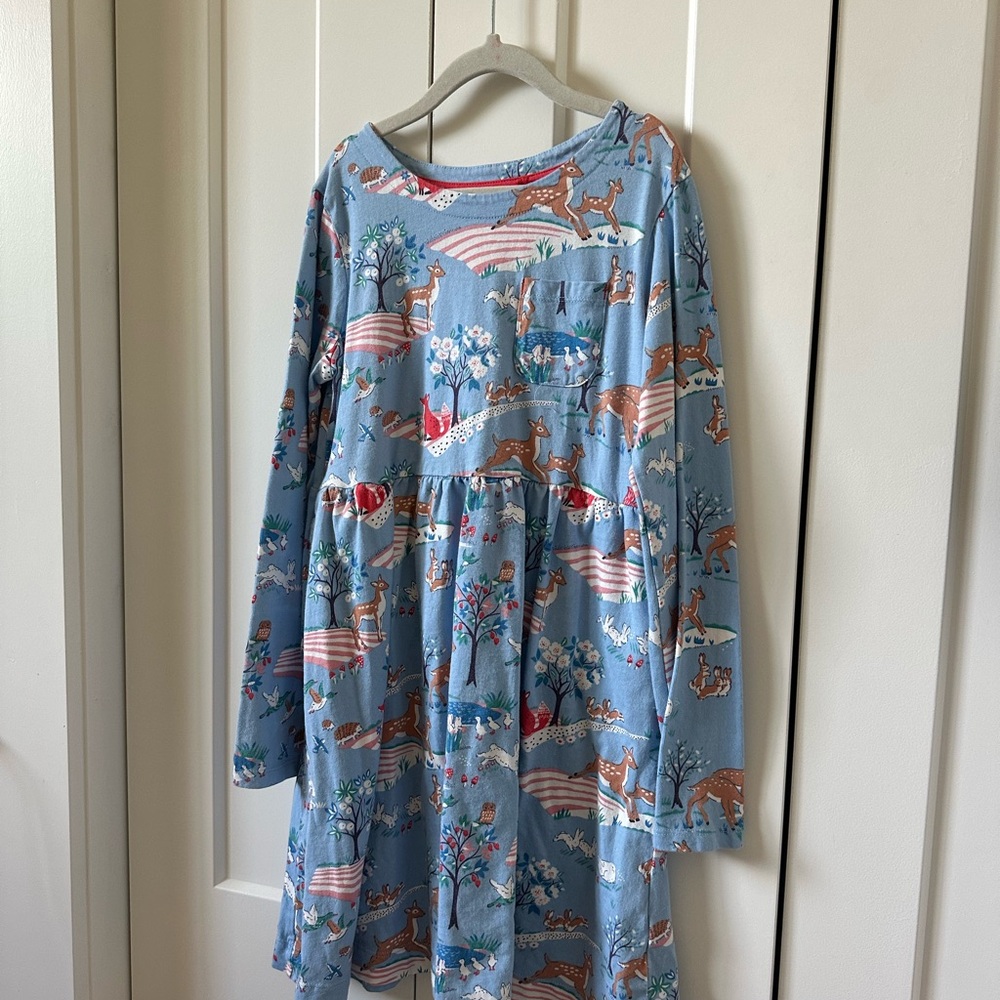 Blue Long-Sleeve Dress with Deer and Floral Print